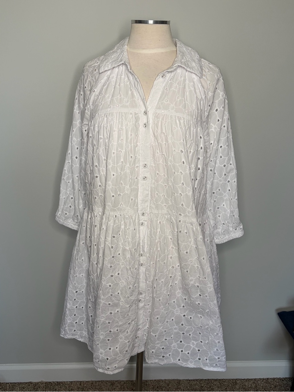 Crown & Ivy White Eyelet Button-Front Cotton Dress, Small